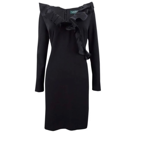Lauren Ralph Lauren Sz 4 Black Ruffled Neck Faux Wrap Crepe Knit Sheath Dress - Picture 1 of 7